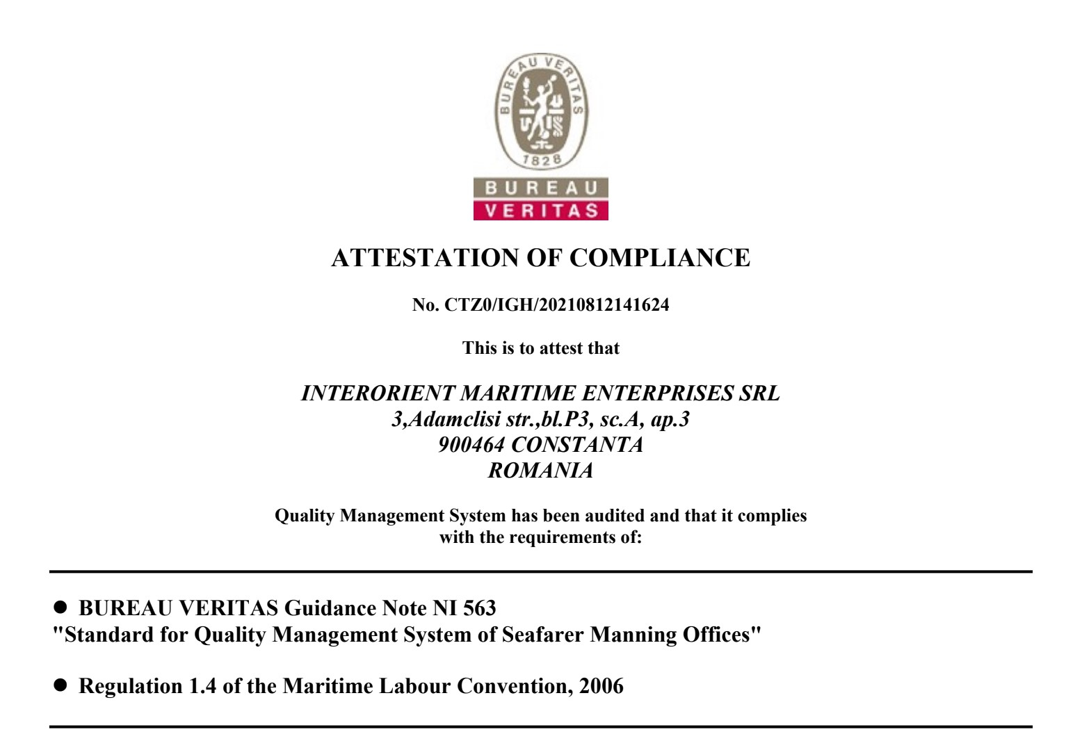 MLC Compliance INTERORIENT MARITIME ENTERPRISES SRL